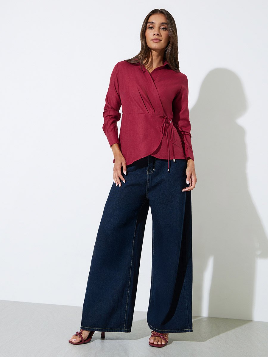 Burgundy Collared Tie-Up Wrap Blouse