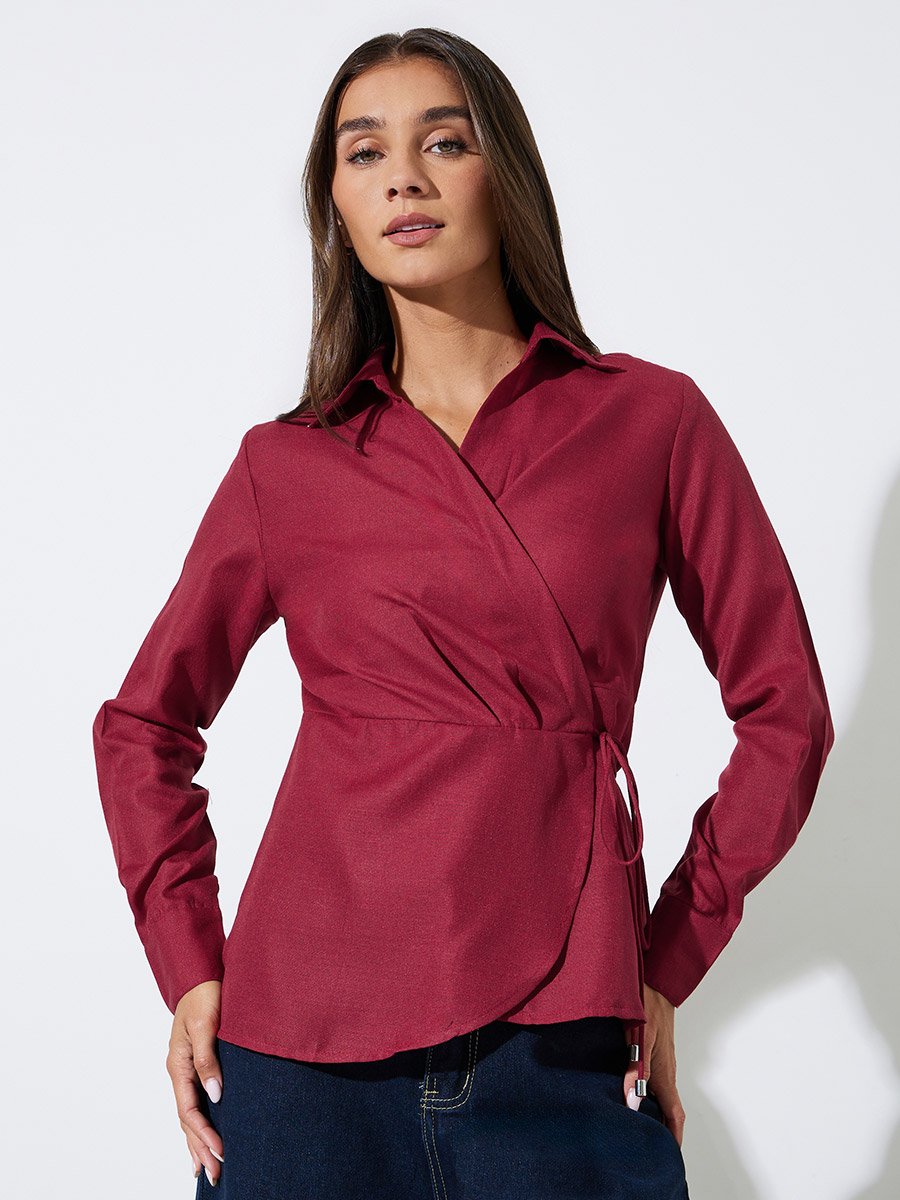 Burgundy Collared Tie-Up Wrap Blouse