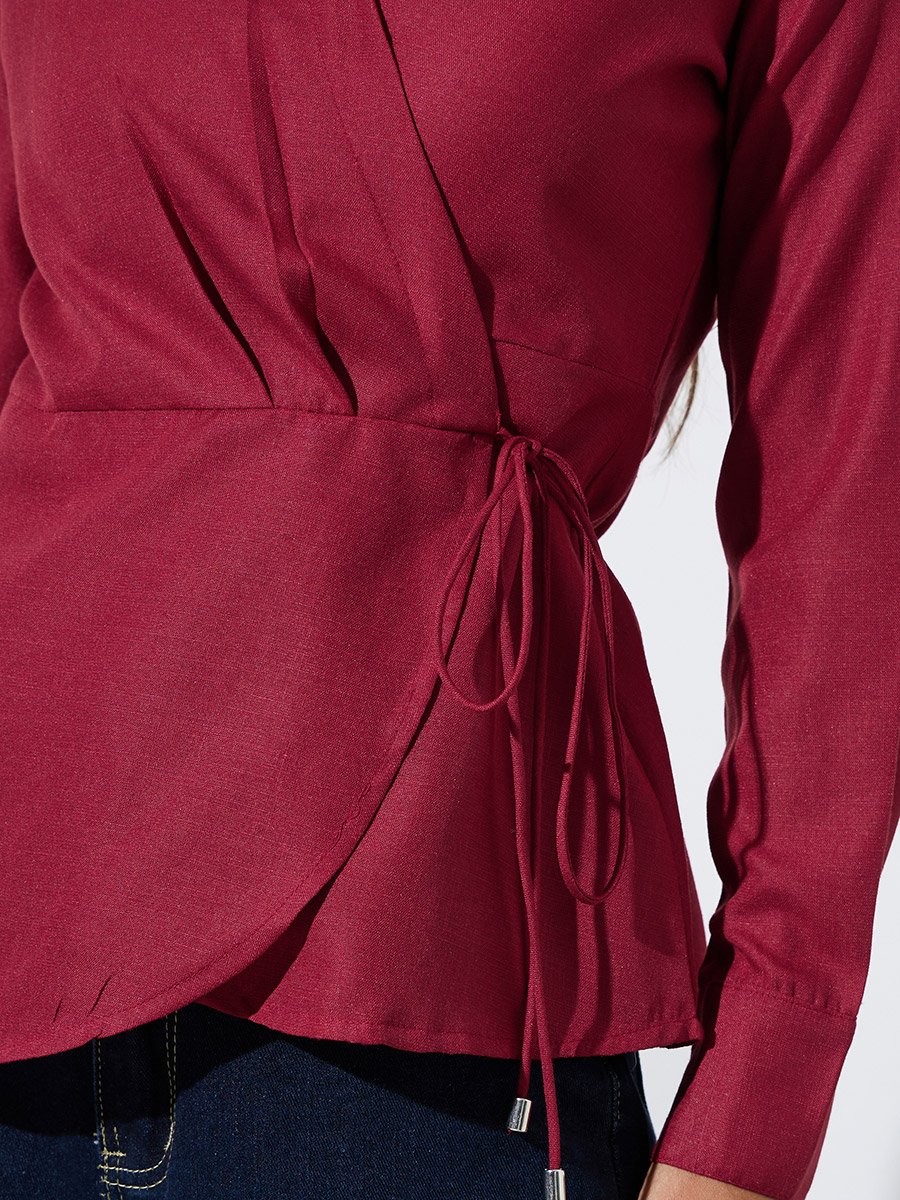 Burgundy Collared Tie-Up Wrap Blouse