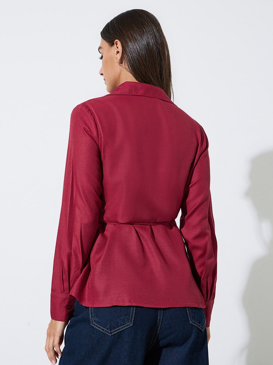 Burgundy Collared Tie-Up Wrap Blouse