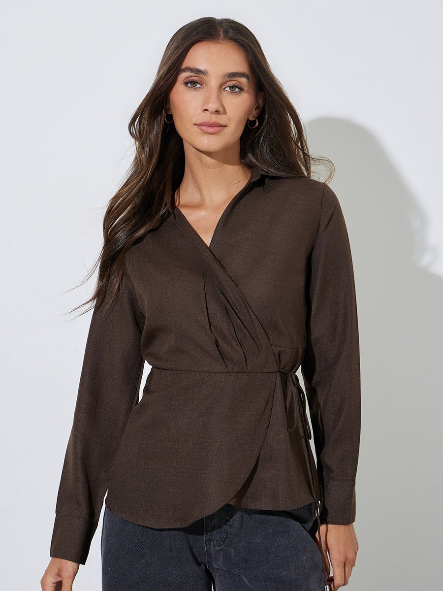Brown Collared Tie-Up Wrap Blouse