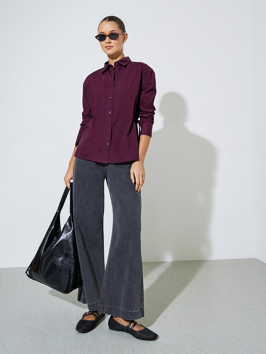 Burgundy Solid Tie-Up Waist Details Regular Fit Shirt