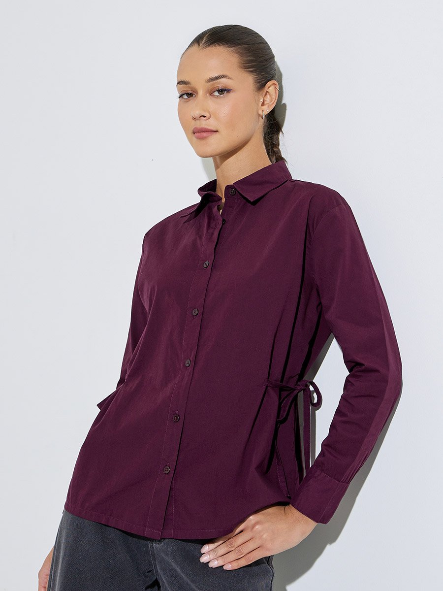 Burgundy Solid Tie-Up Waist Details Regular Fit Shirt