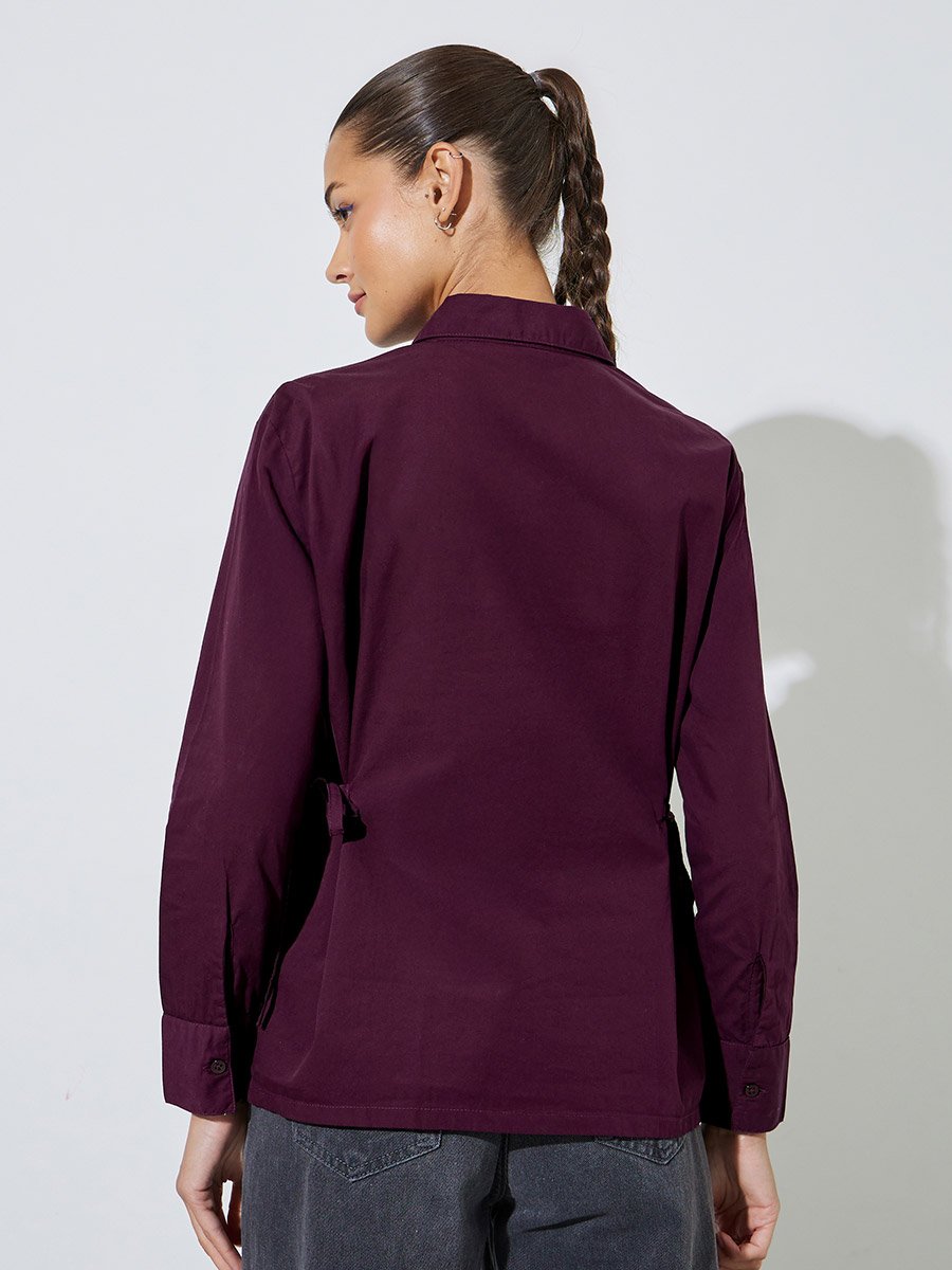 Burgundy Solid Tie-Up Waist Details Regular Fit Shirt