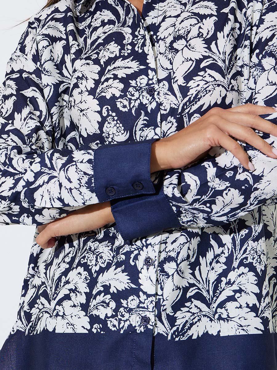 Navy Blue Tropical Print Long Sleeves Shirt