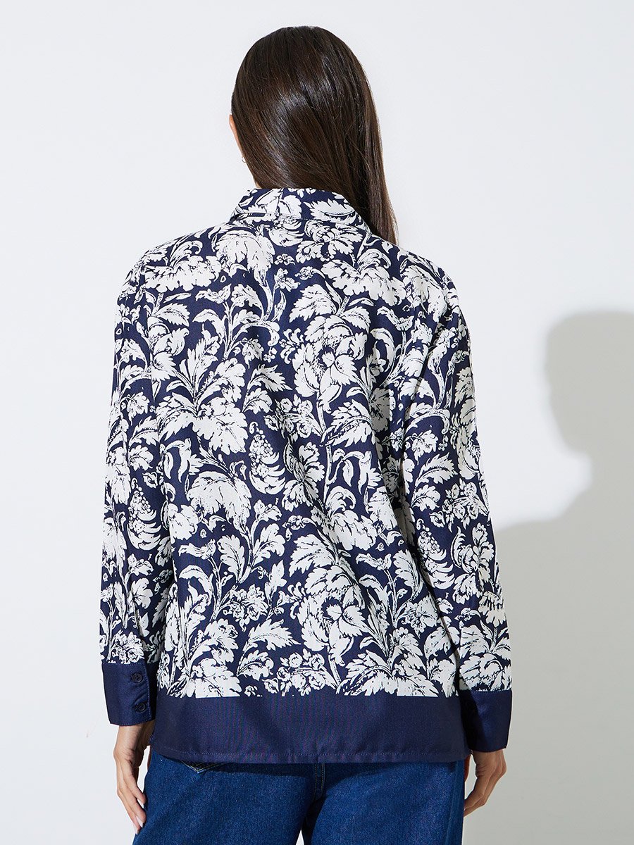 Navy Blue Tropical Print Long Sleeves Shirt