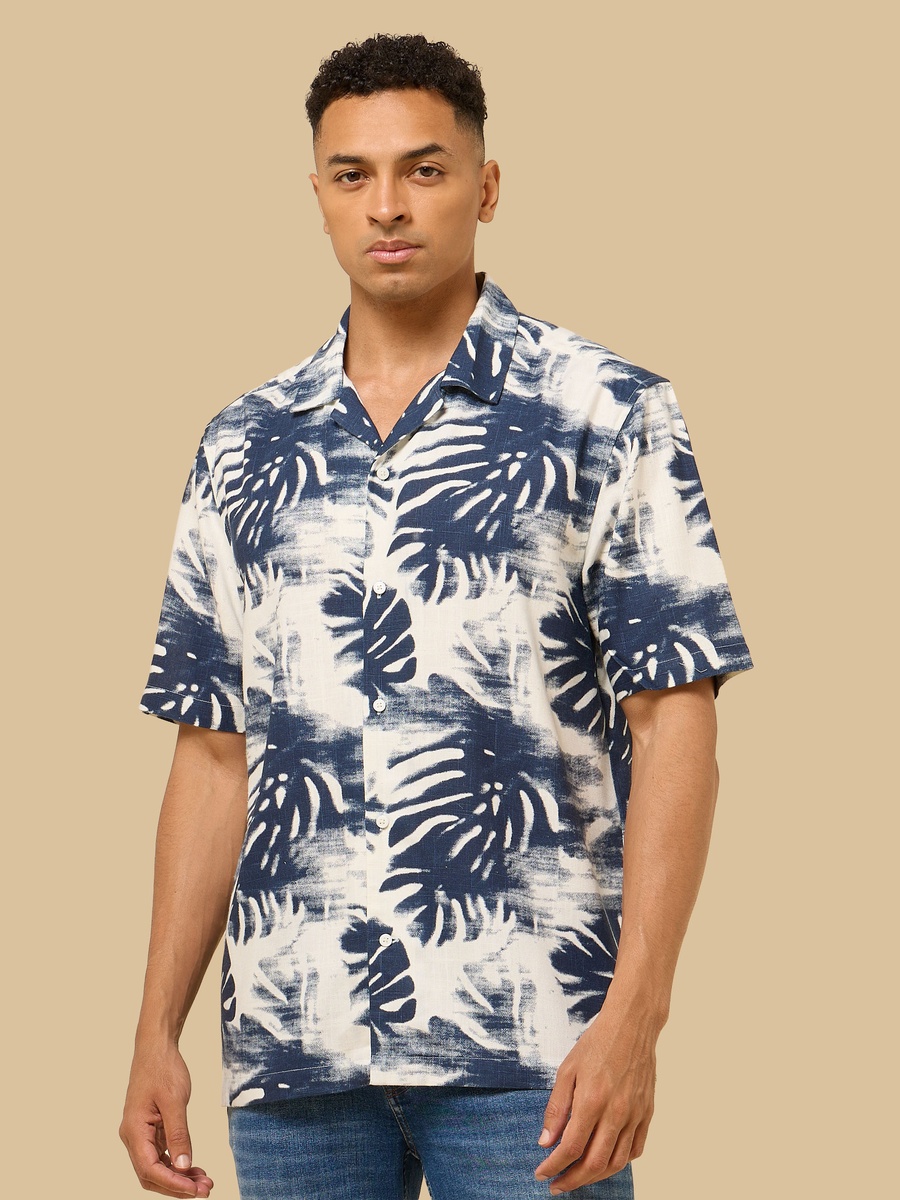 Leaf Print Relaxed Fit Linen Blend Shirt