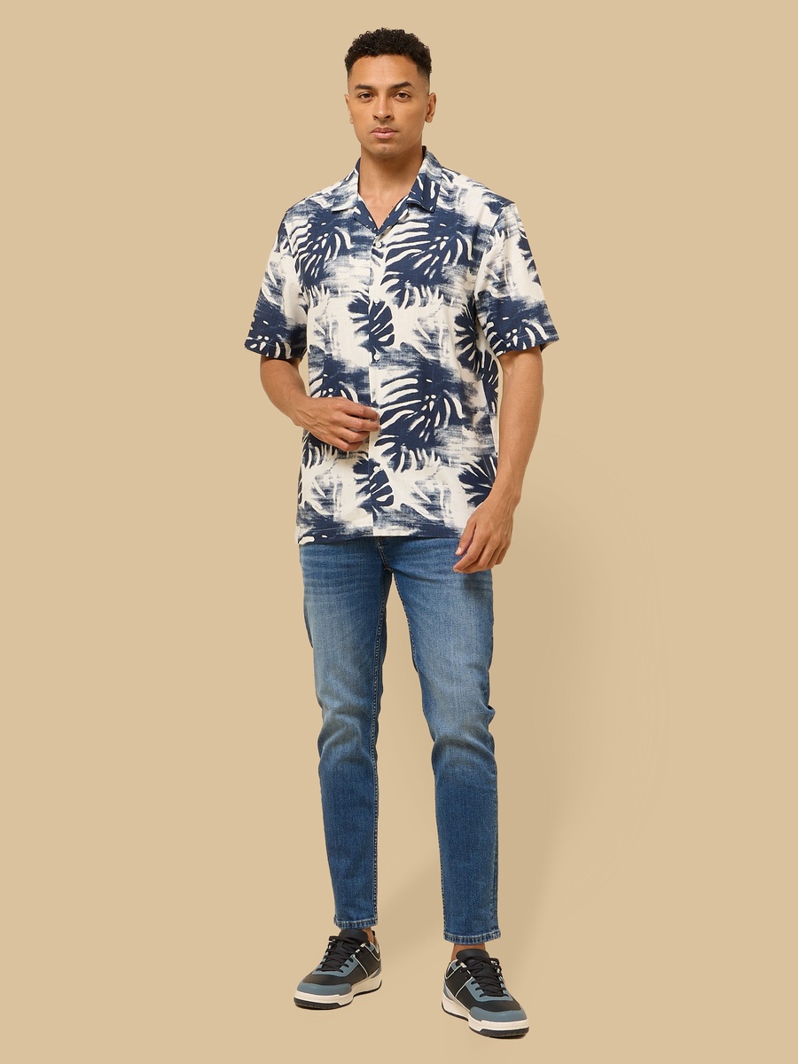 Leaf Print Relaxed Fit Linen Blend Shirt