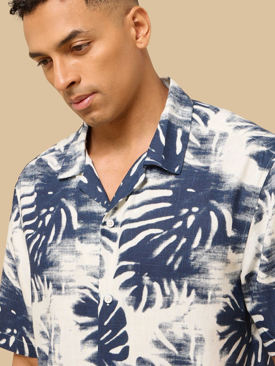 Leaf Print Relaxed Fit Linen Blend Shirt