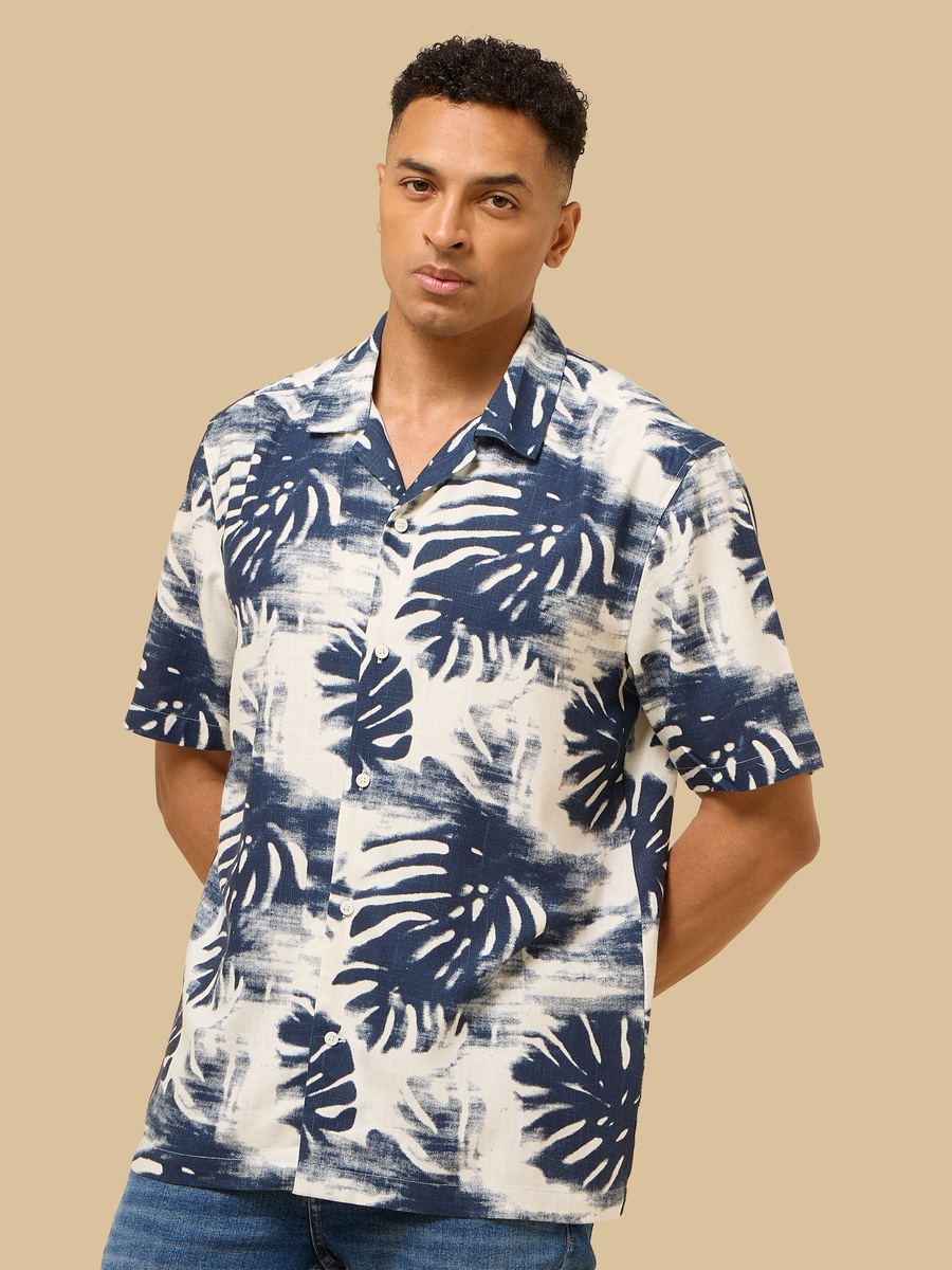 Leaf Print Relaxed Fit Linen Blend Shirt