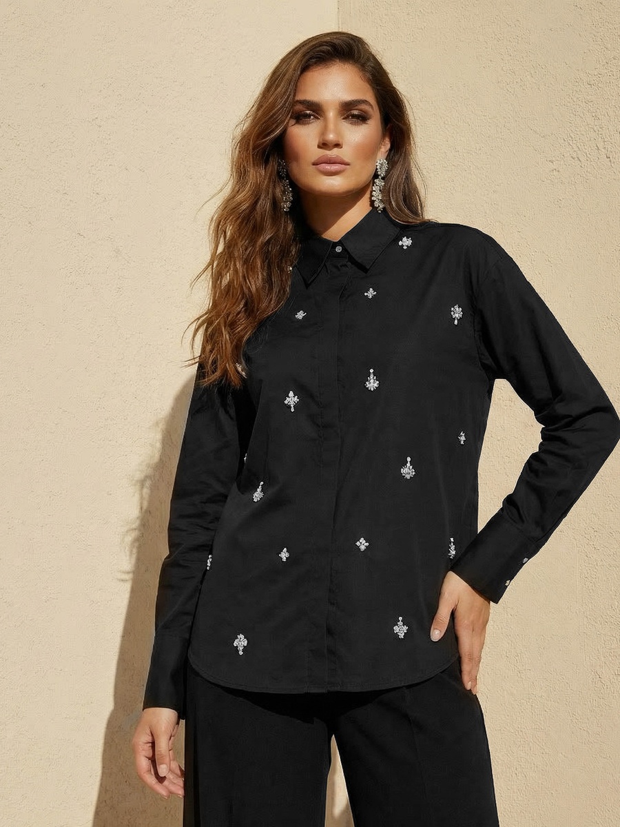 Relaxed Fit Cotton Shirt with Stone Embellishment