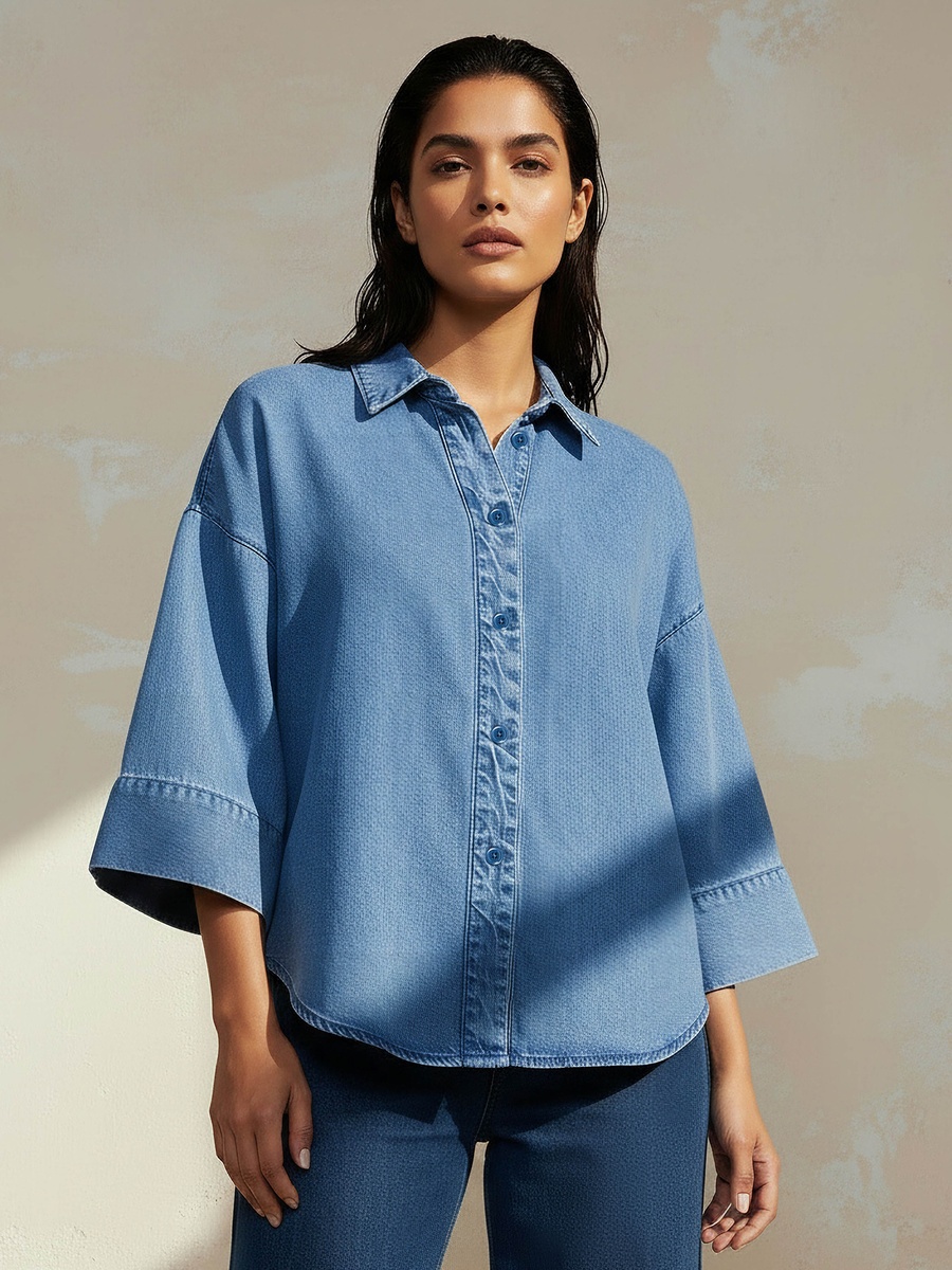 Cotton Denim Shirt with 3/4 Sleeves