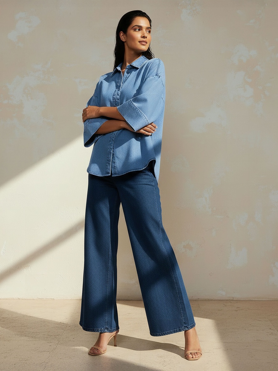 Cotton Denim Shirt with 3/4 Sleeves
