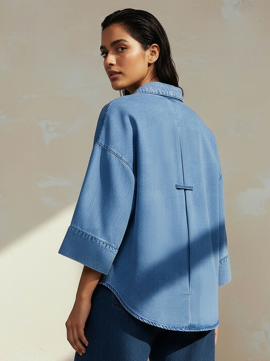 Cotton Denim Shirt with 3/4 Sleeves