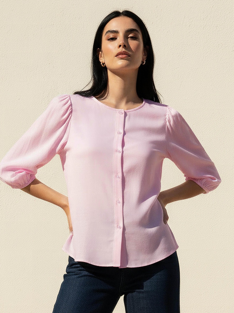 Linen Blend Shirt with Balloon Sleeves