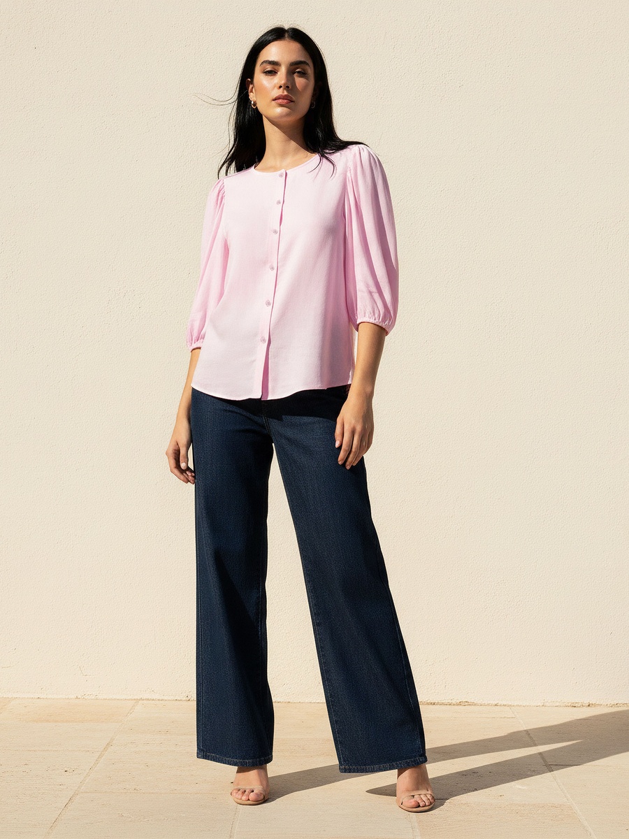 Linen Blend Shirt with Balloon Sleeves
