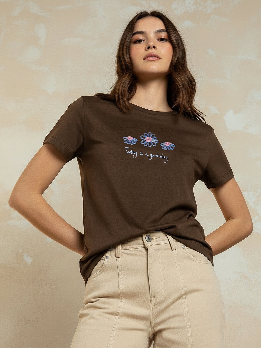 Cotton T-Shirt with Slogan Embroidery