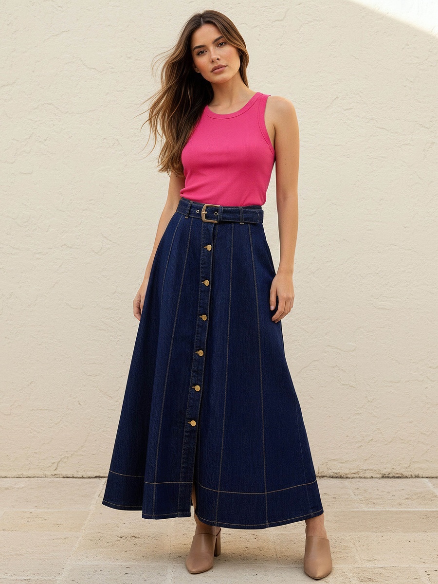 Maxi Denim A-Line Skirt with Belt