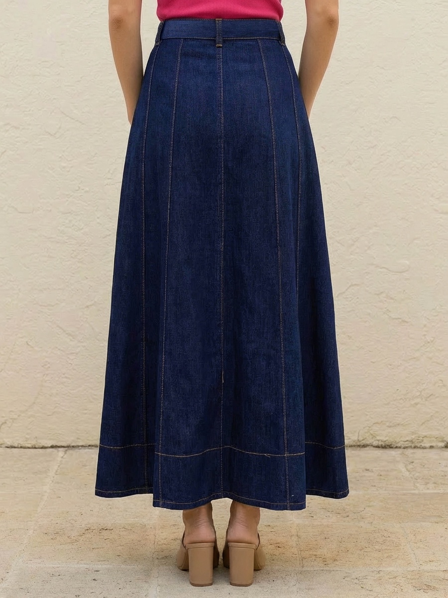 Maxi Denim A-Line Skirt with Belt