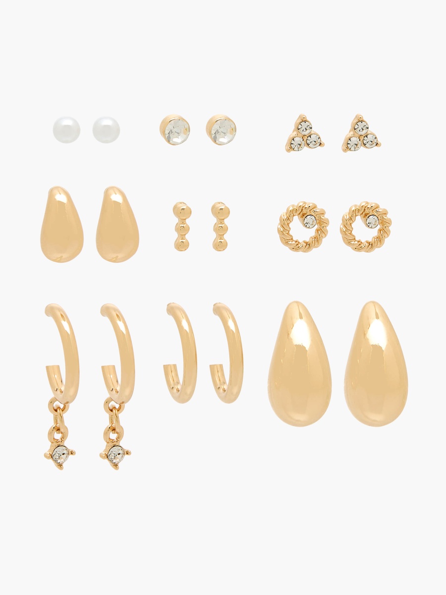 Pack of 9 Gold Tone Assorted Earrings with Pushback Closure