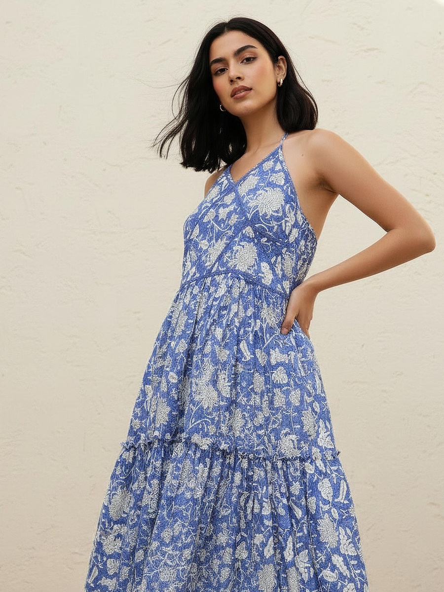 A-Line Maxi Cotton Dress with Halter Neck