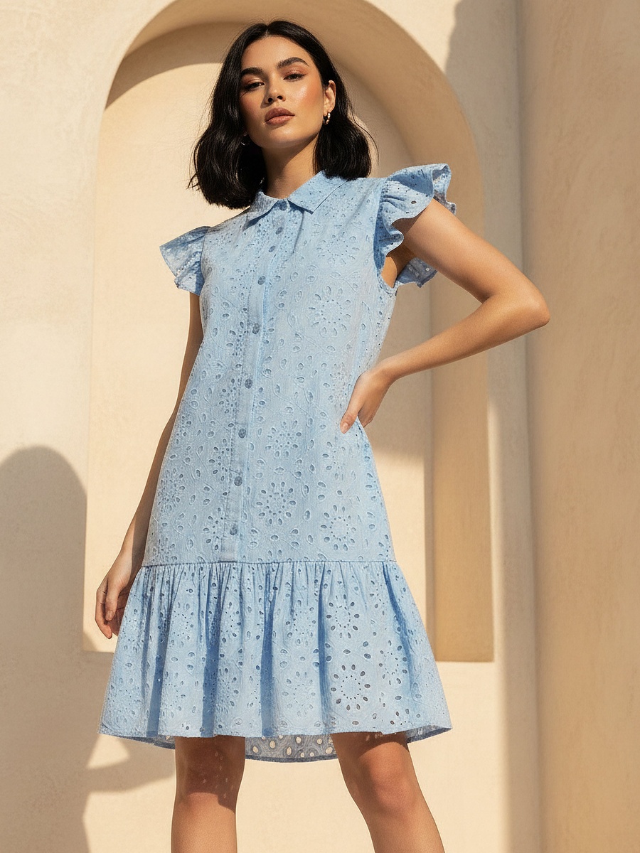 A-Line Knee-Length Cotton Dress with Schiffli Embroidery