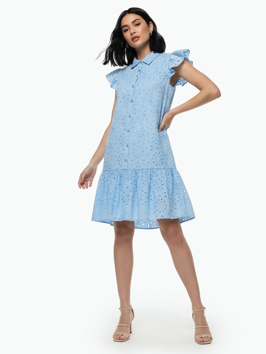 A-Line Knee-Length Cotton Dress with Schiffli Embroidery