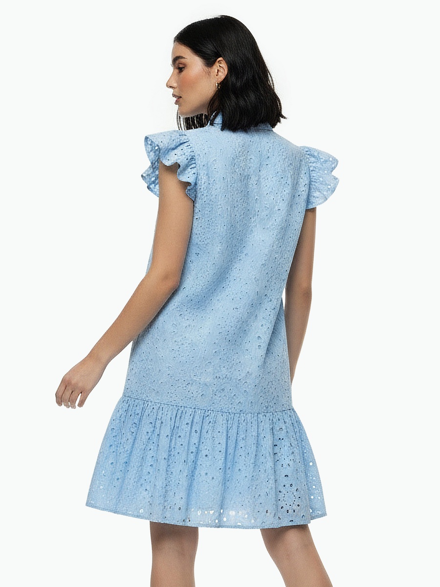 A-Line Knee-Length Cotton Dress with Schiffli Embroidery