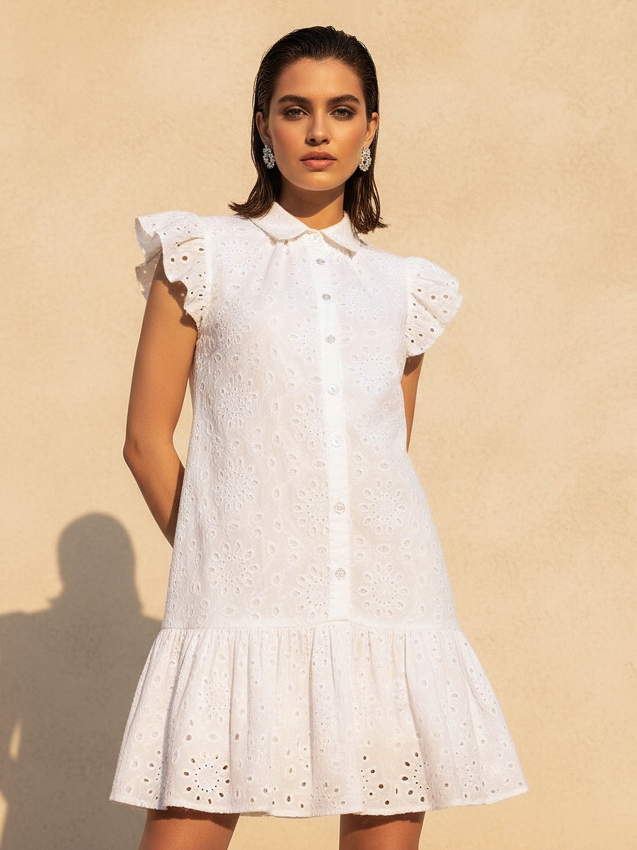 A-Line Knee-Length Cotton Dress with Schiffli Embroidery