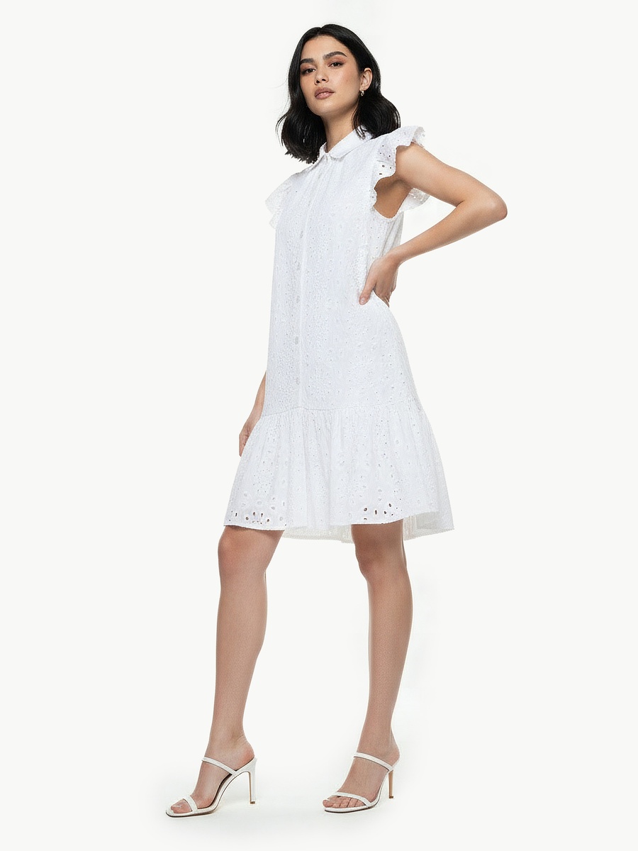 A-Line Knee-Length Cotton Dress with Schiffli Embroidery