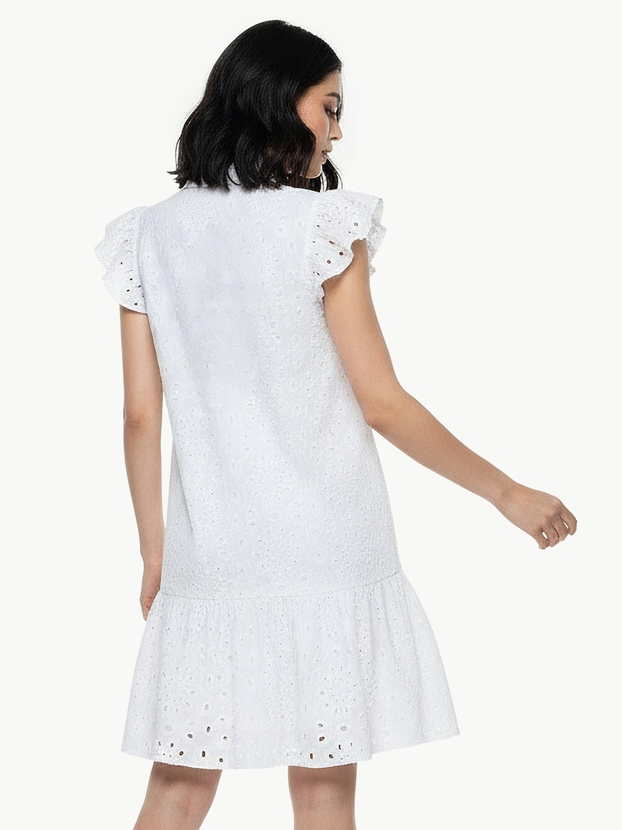 A-Line Knee-Length Cotton Dress with Schiffli Embroidery
