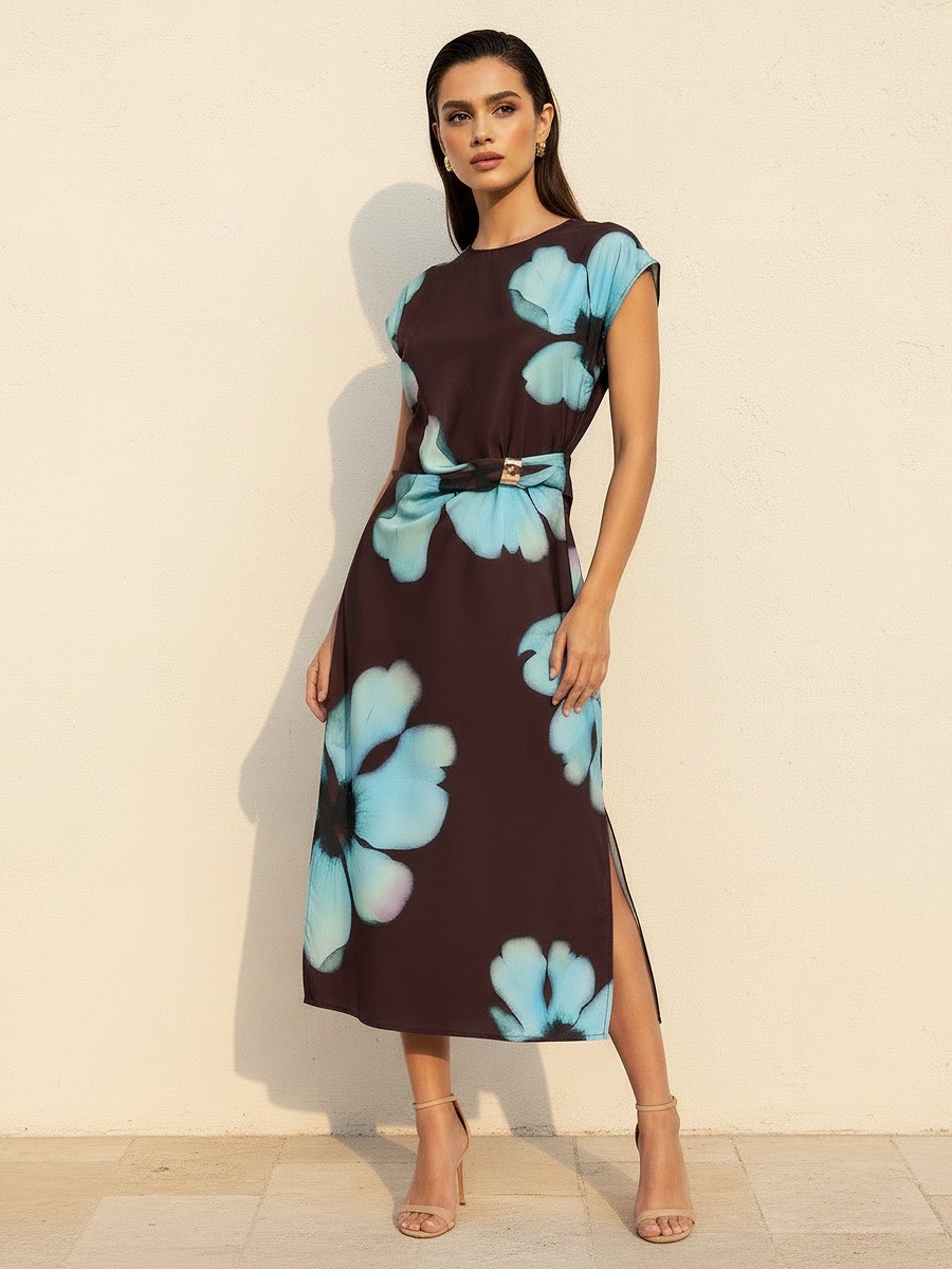 Printed Short Sleeve Dress with Slit