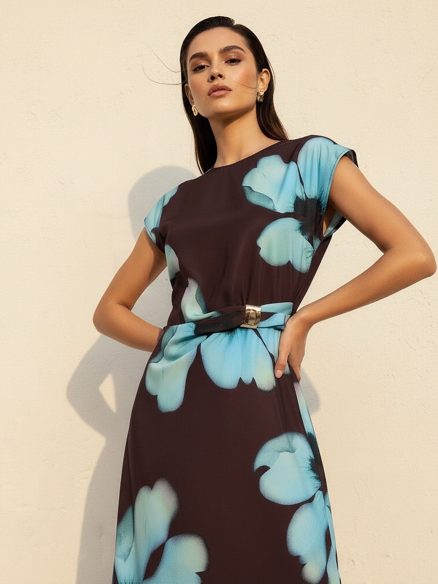 Printed Short Sleeve Dress with Slit