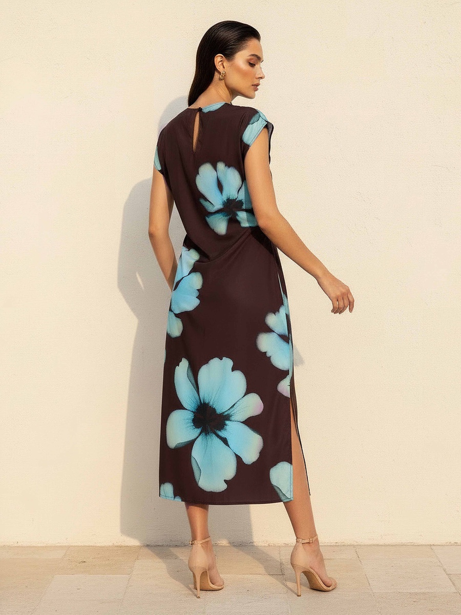 Printed Short Sleeve Dress with Slit
