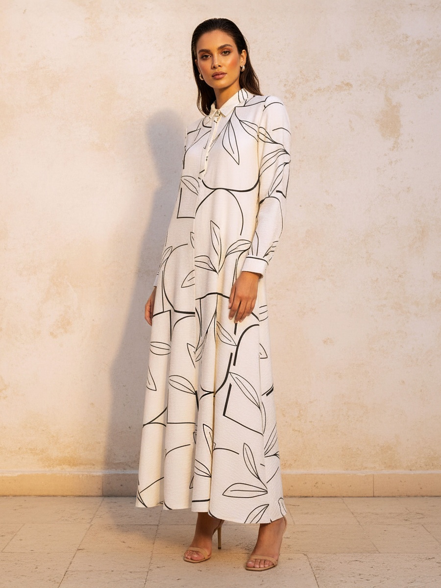 Printed A-Line Dress with Concealed Placket