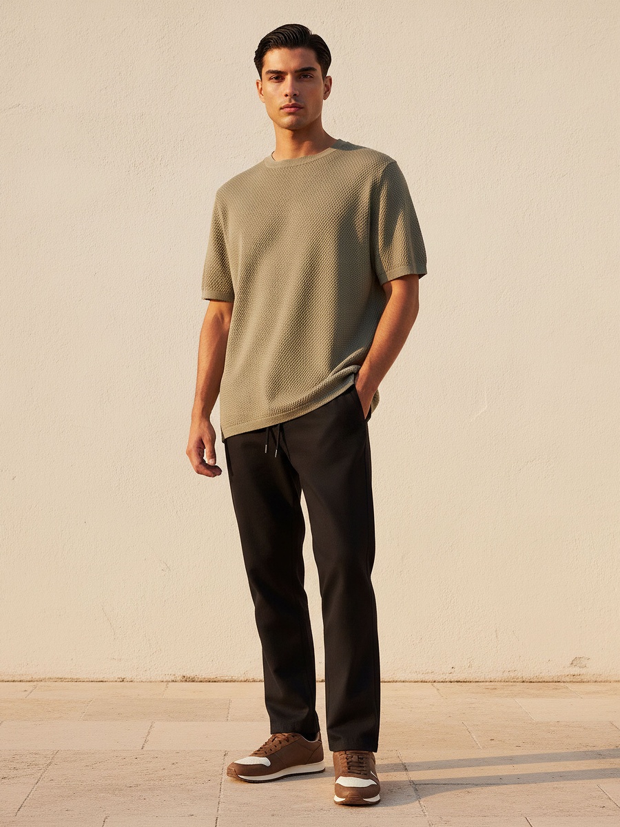 Men Regular Fit Crew Neck Short Sleeves Popcorn Textured T-Shirt
