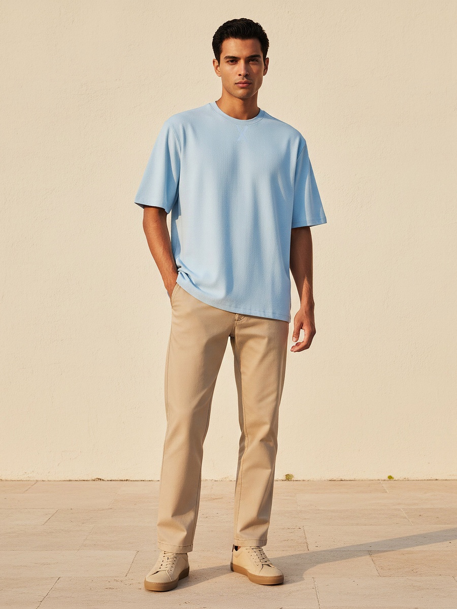 Men Relaxed Fit Crew Neck Short Sleeves Textured T-Shirt