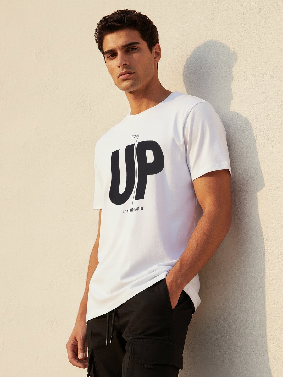 Men Slim Fit Crew Neck Short Sleeves Slogan Print T-Shirt