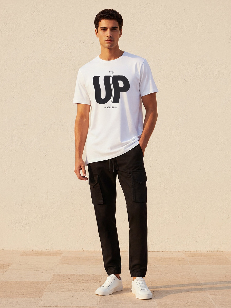 Men Slim Fit Crew Neck Short Sleeves Slogan Print T-Shirt