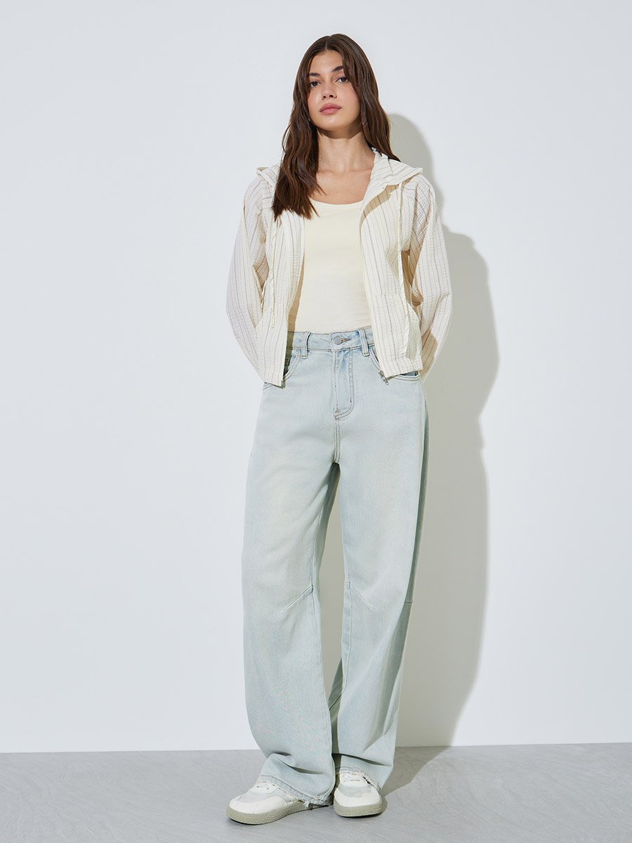 Cream Textured Hooded Lightweight Jacket