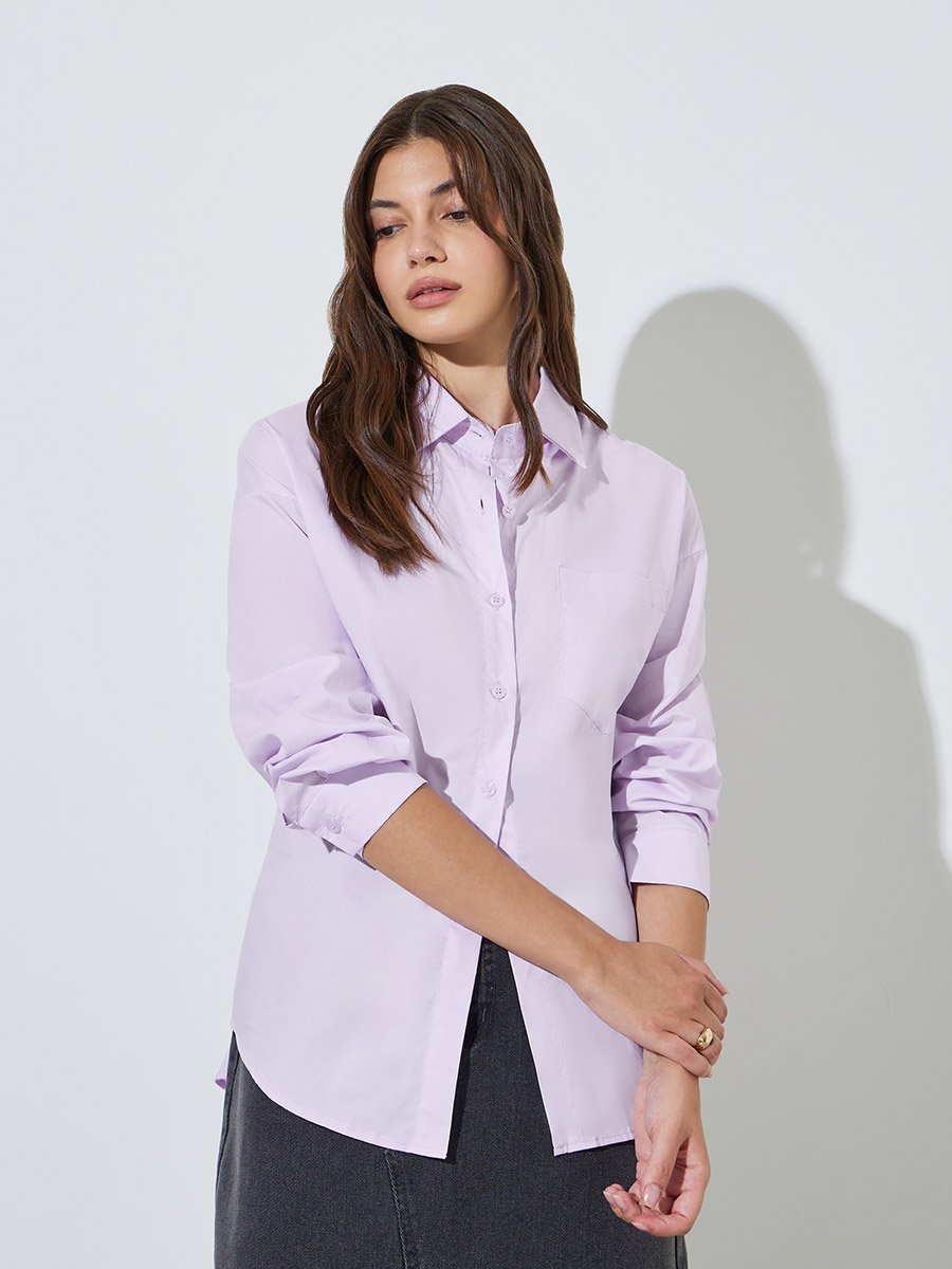 Purple Solid Long Sleeves Oversized Shirt
