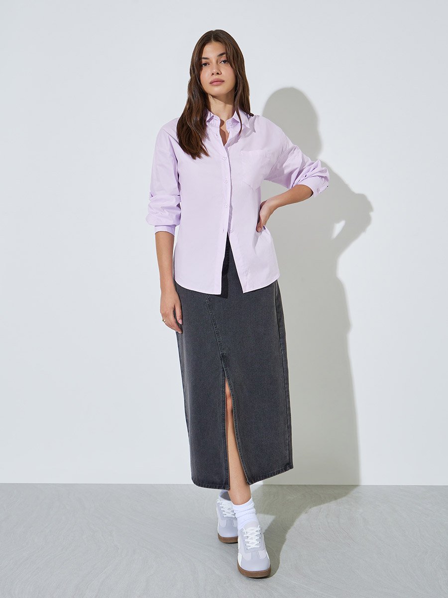 Purple Solid Long Sleeves Oversized Shirt