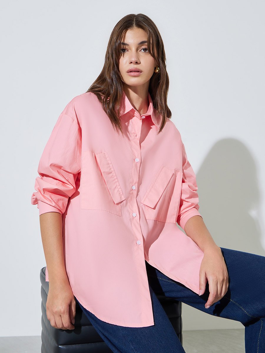 Pink Solid Casual Oversized Shirt