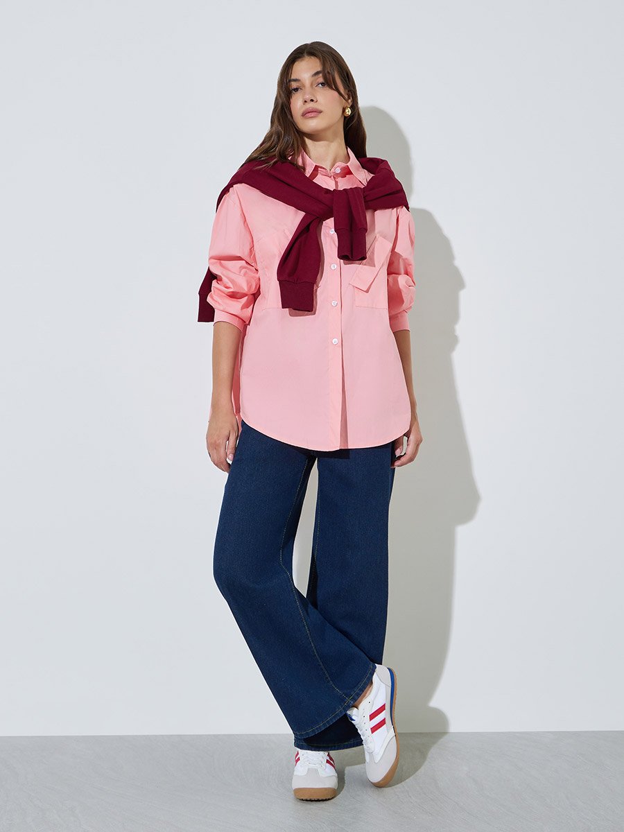 Pink Solid Casual Oversized Shirt