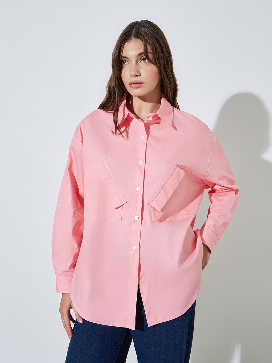 Pink Solid Casual Oversized Shirt