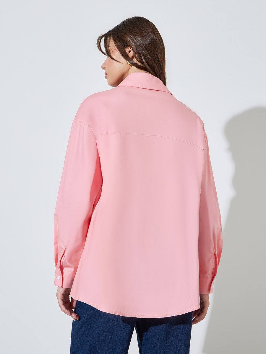 Pink Solid Casual Oversized Shirt