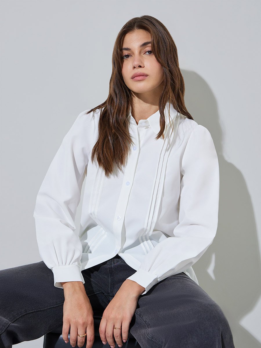 White Long Sleeve Pintuck Shirt