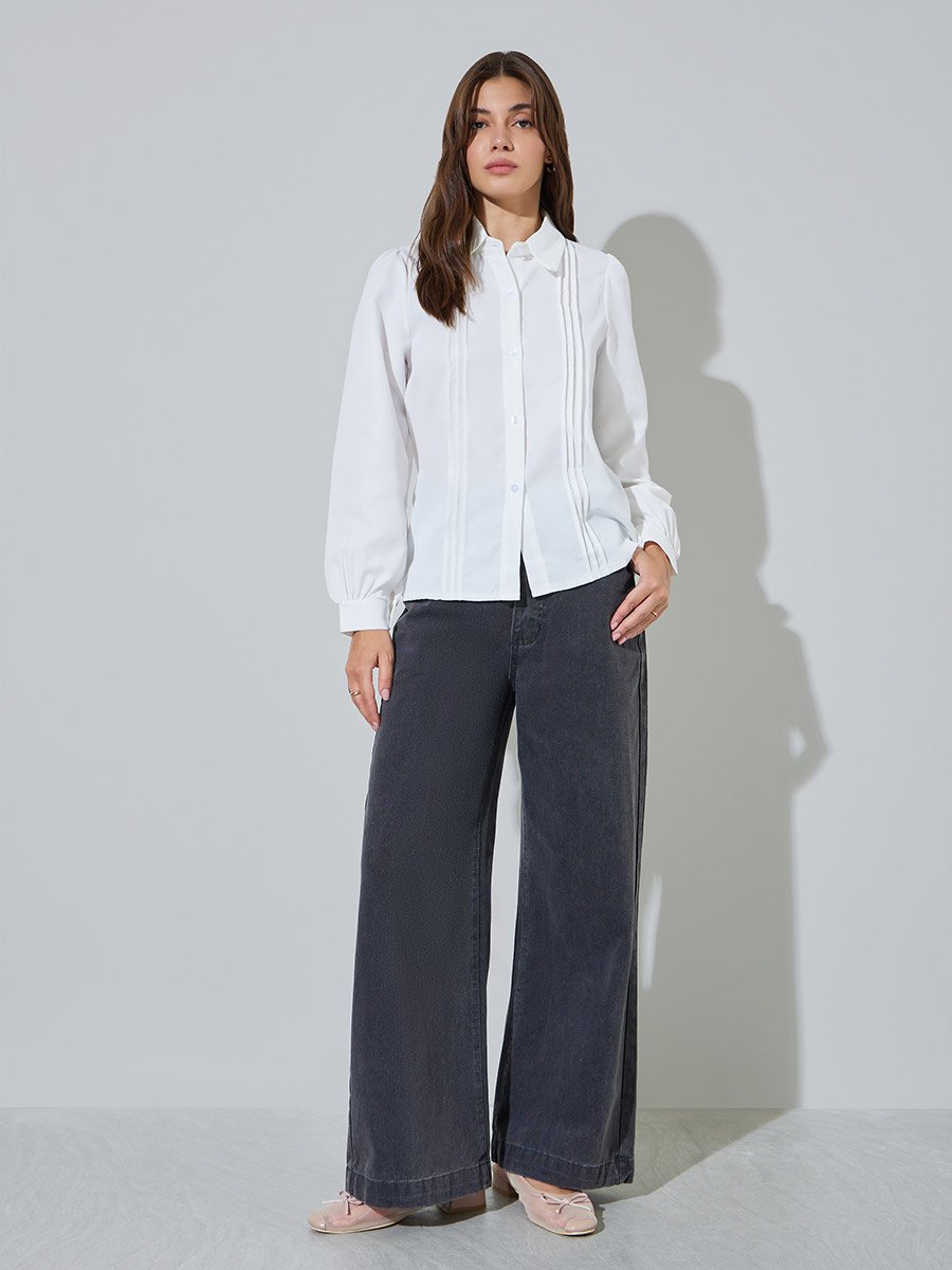 White Long Sleeve Pintuck Shirt