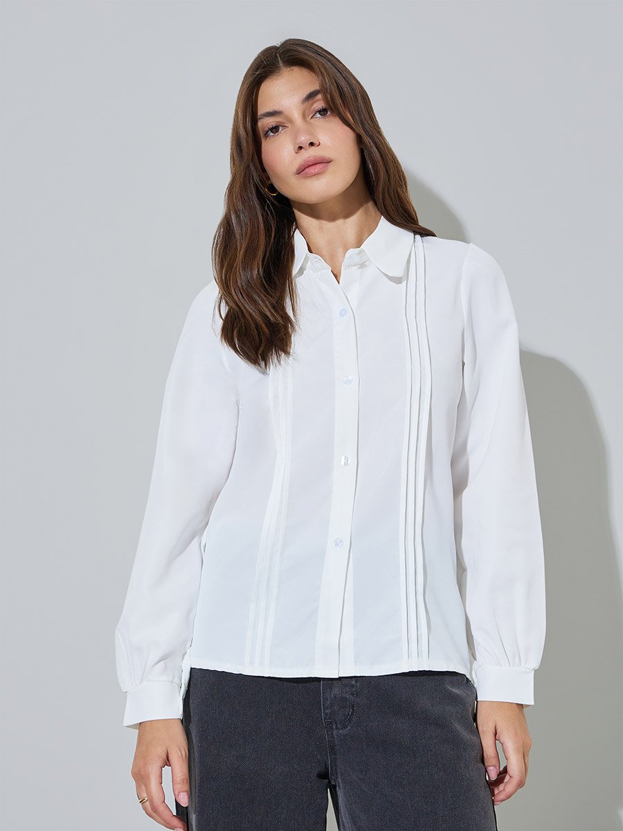 White Long Sleeve Pintuck Shirt