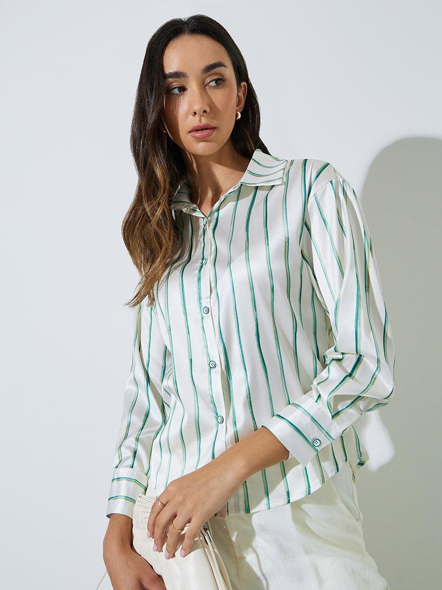 Off White Striped Long Sleeve Satin Shirt